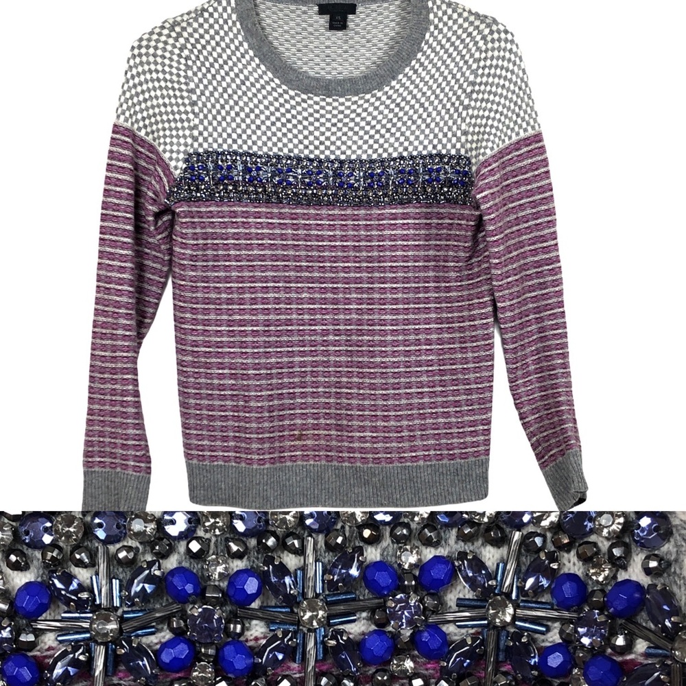 J. Crew Collection Jeweled Sweater Gray Pink XS